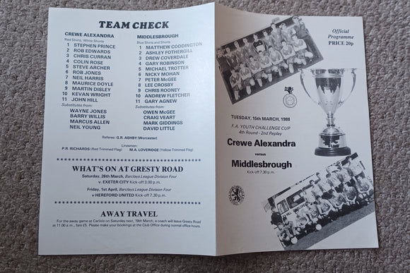 Crewe v Middlesbrough FA Youth Cup 4th rd 2nd replay 1987/8