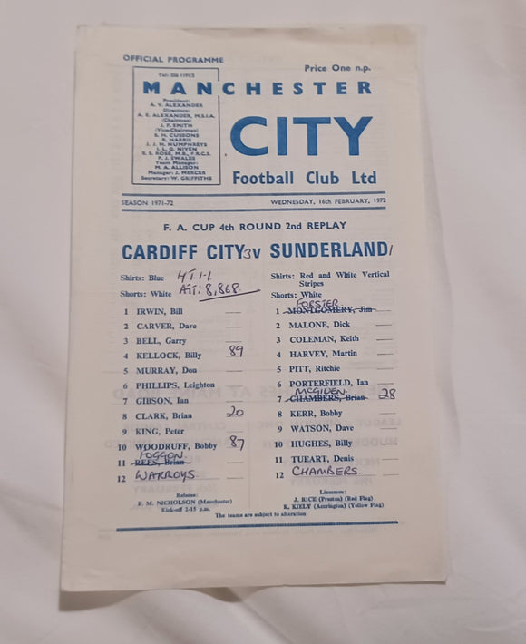 Cardiff City v Sunderland FA Cup 4th Rd 2nd Replay 1971/2