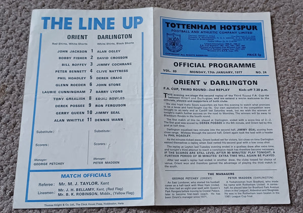 Orient v Darlington 1976/7 FA Cup 3rd 2nd replay @Tottenham