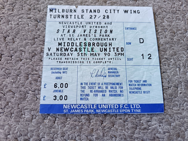 Newcastle United v Middlesbrough 1989/90 Beam back match ticket