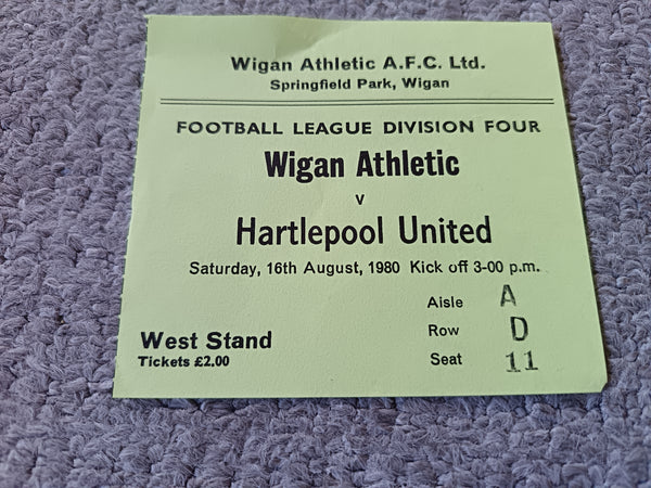 Wigan v Hartlepool United Match Ticket 1980/1