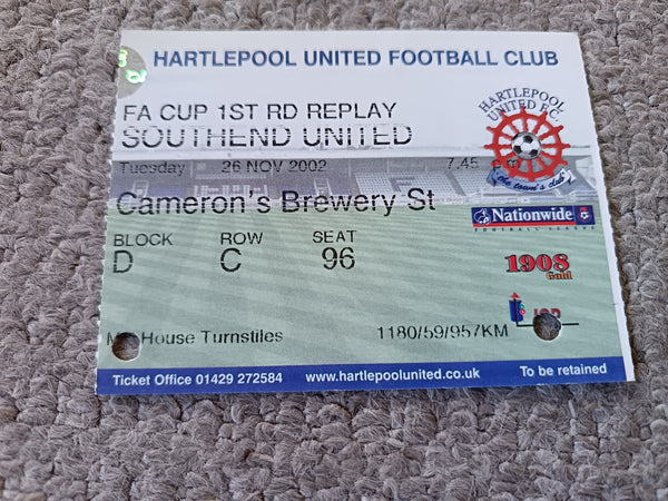 Hartlepool Utd v Southend Utd FA Cup 1st rd replay match ticket