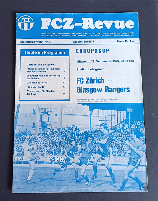 FC Zurich v Rangers European cup 1976/7