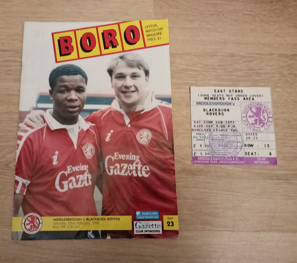 Middlesbrough v Blackburn 1991/2 Includes match ticket