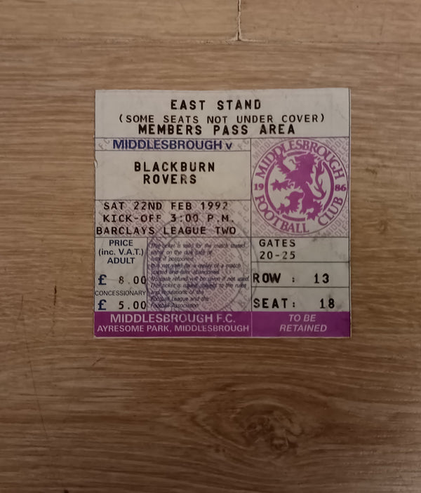 Middlesbrough v Blackburn 1991/2 Match Ticket.