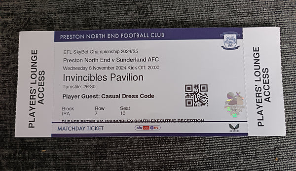 Preston North End v Sunderland 2024/5 Players Lounge Ticket