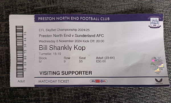 Preston North End v Sunderland v Sunderland 2024/5 Match Ticket