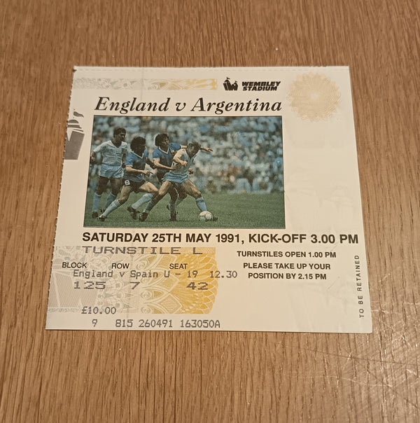 England v Argentina 1991 Match Ticket.