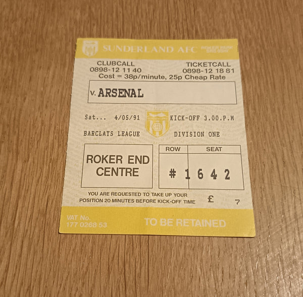 Sunderland v Arsenal Match Ticket 1990/1