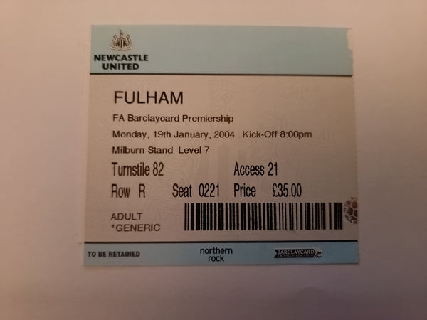 Newcastle United v Fulham Match Ticket 2003/4