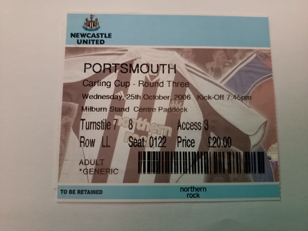 Newcastle United v Portsmouth Match Ticket 2006/7 Carling Cup