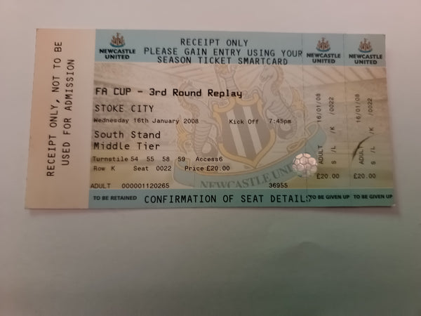 Newcastle Utd v Stoke City Match Ticket FA Cup Replay 2007/8