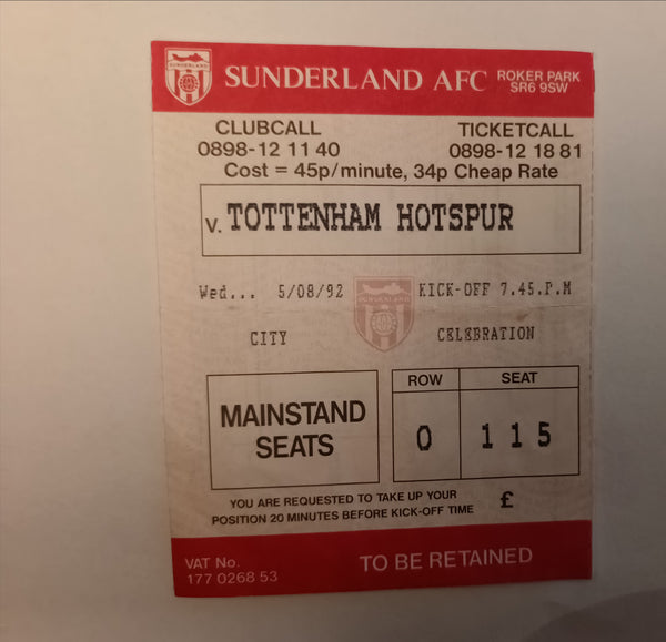 Sunderland v Tottenham Match Ticket 1992/3