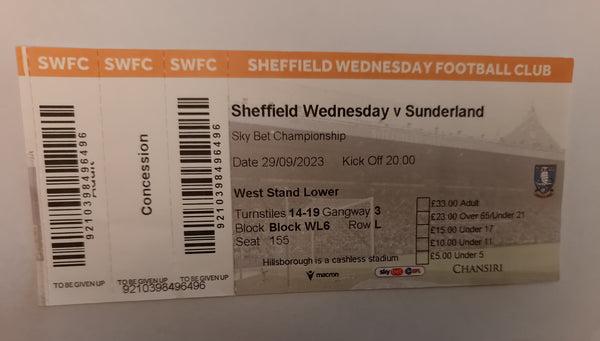 Sheffield Wednesday v Sunderland Match Ticket 2023/24