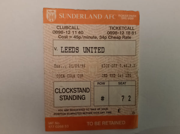 Sunderland v Leeds Utd Match Ticket 1993/4 Coca Cola Cup