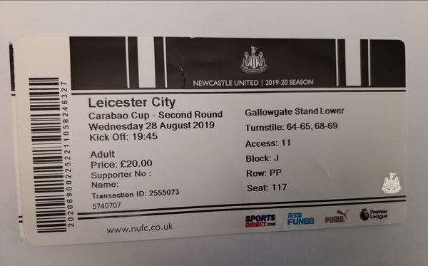 Newcastle United v Leicester City Match Ticket Carabao Cup 2019/20