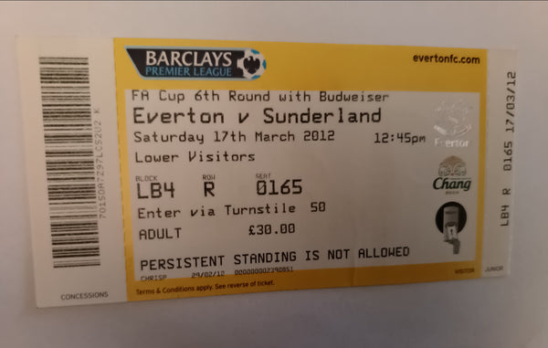 Everton v Sunderland Match Ticket 2011/12 FA Cup 6th Round