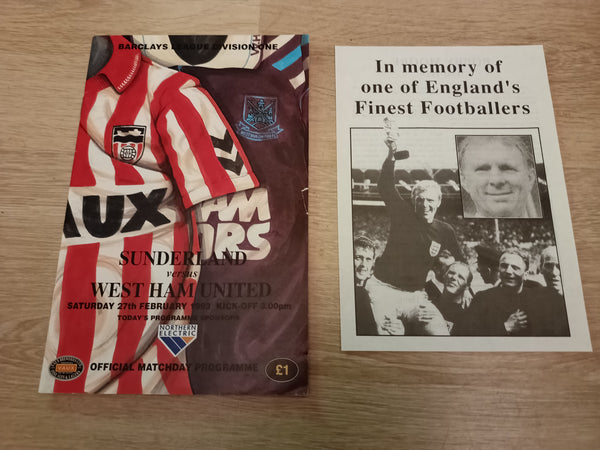 Sunderland v West Ham Utd 1992/3 Bobby Moore Tribute