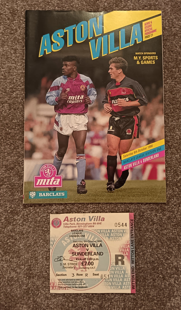 Aston Villa v Sunderland 1990/1 inc Match Ticket