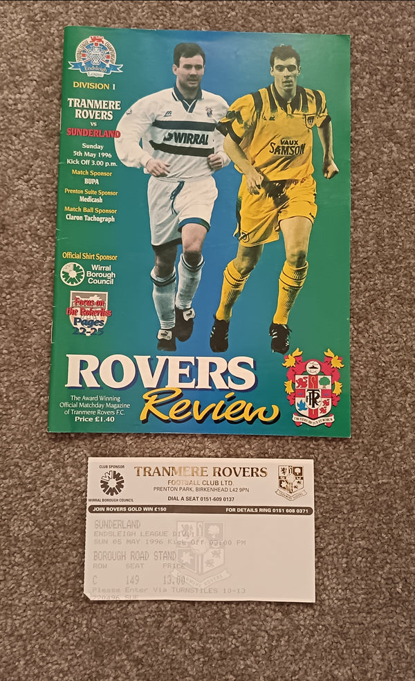 Tranmere Rovers v Sunderland 1995/6 inc Match Ticket