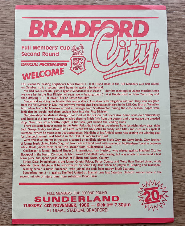 Bradford City v Sunderland FMC 1986/7