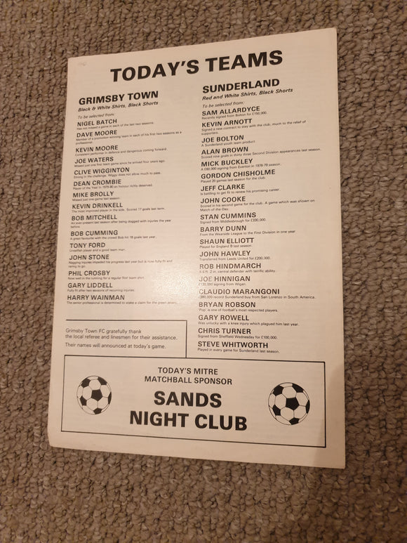 Grimsby v Sunderland Pre Season Friendly 1980