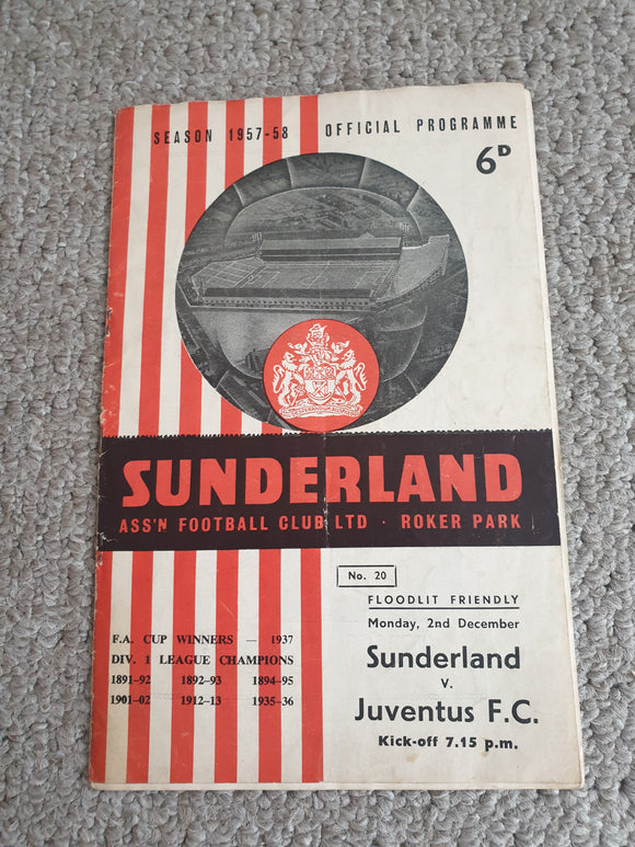 Sunderland v Juventus 2nd December 1957 Floodlight Friendly