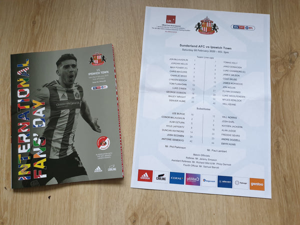 Sunderland v Ipswich Town 08/02/2020 inc Official Teamsheet