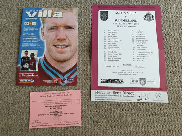 Aston Villa v Sunderland 2002/03 inc ticket and official teamsheet