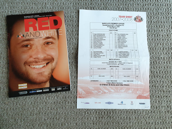 Sunderland v Everton 2007/08 Official Teamsheet & Menu,