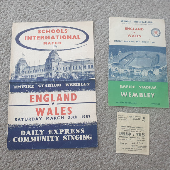 England Schools v Wales 1957 Schools Programme, ticket & Daily Express official Songsheet