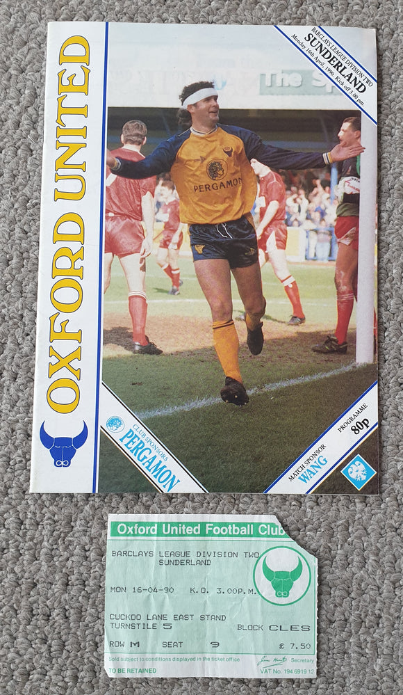 Oxford United v Sunderland 1989/90 inc Match Ticket