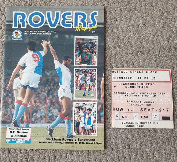 Blackburn rovers v Sunderland 1989/90 Inc Match Ticket