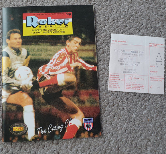 Sunderland v Exeter City League Cup 1989/90 inc Match Ticket