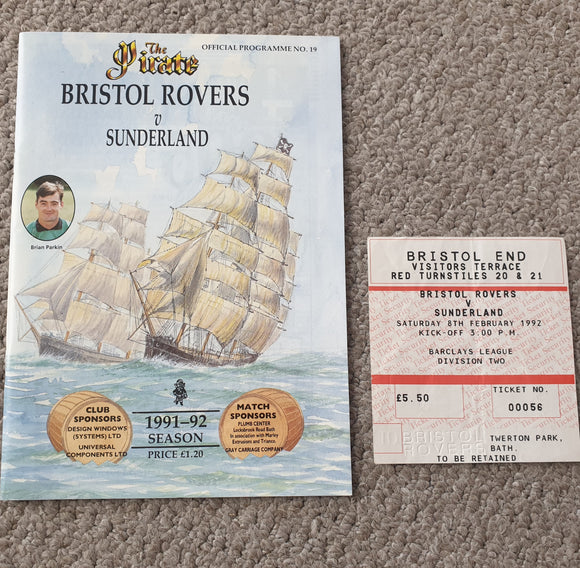 Bristol Rovers v Sunderland 1991/2 inc Match Ticket