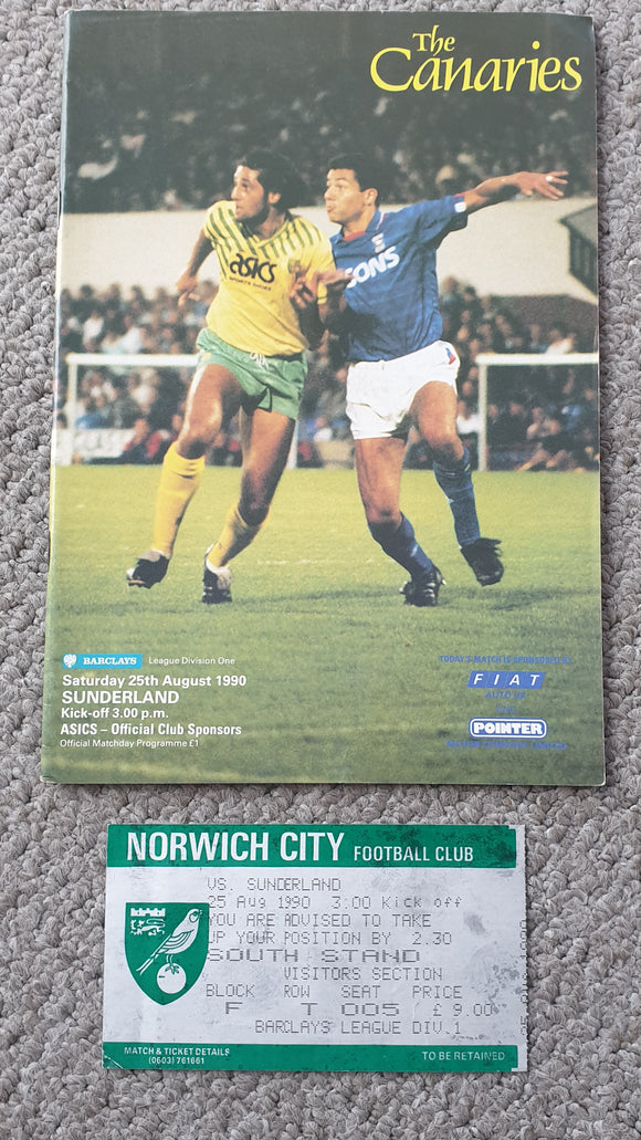 Match Programme Norwich City v Sunderland 1990/1 inc Match Ticket