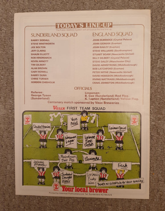 Sunderland v England X1 1979 Centenary Match