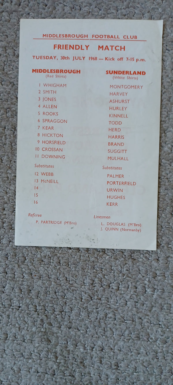 Middlesbrough v Sunderland Pre season friendly 1968/9