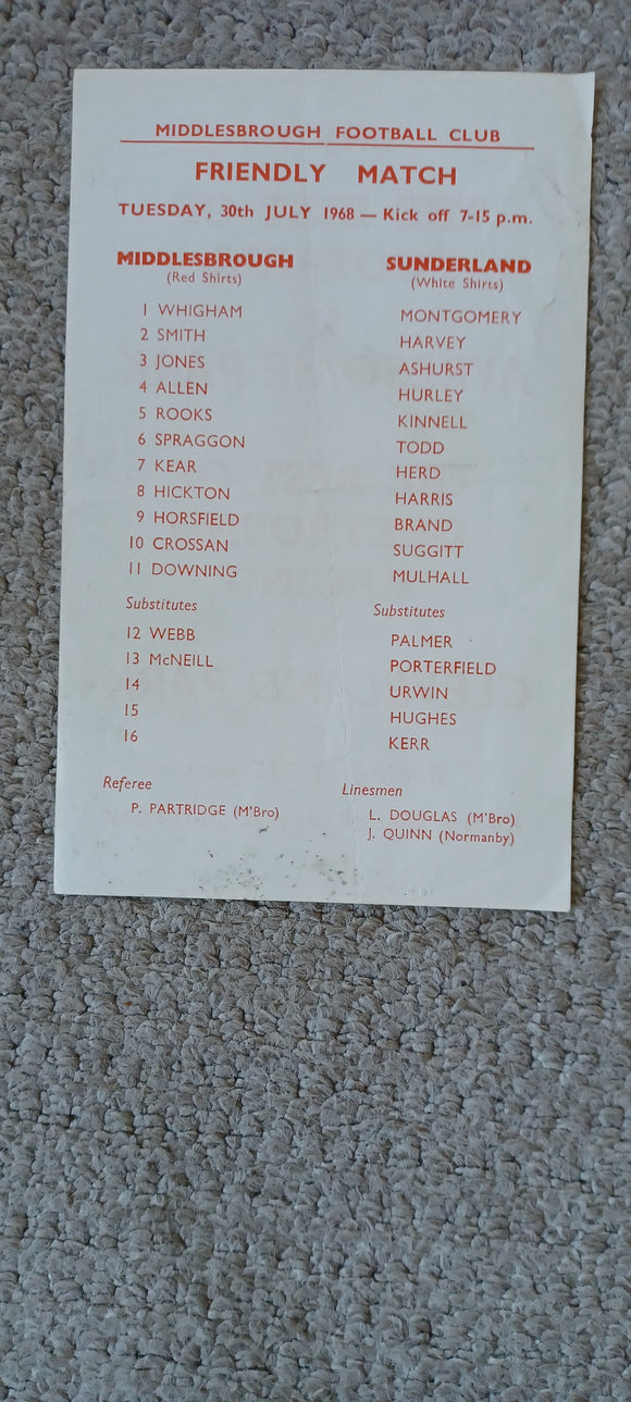 Middlesbrough v Sunderland Pre season friendly 1968/9