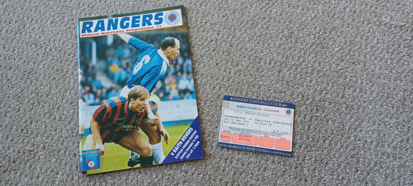 Rangers v Raith Rovers 1993/4 Nov inc match ticket