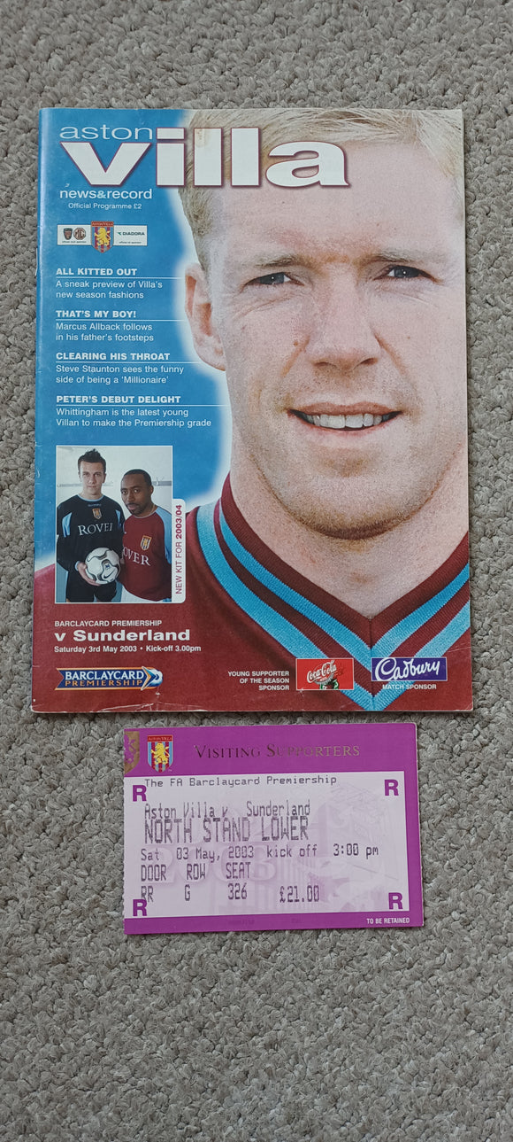 Aston Villa v Sunderland 2002/3 includes match ticket