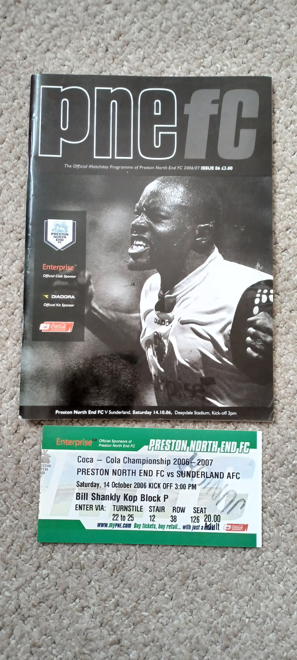 Preston North End v Sunderland 2006/07 includes match ticket