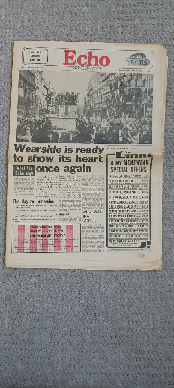 Sunderland Echo 9th May 1973 FA Cup Homecoming