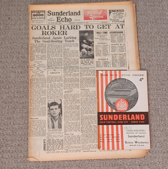 Sunderland v Bolton Wanderers Football Echo & Match Programme 1957/8