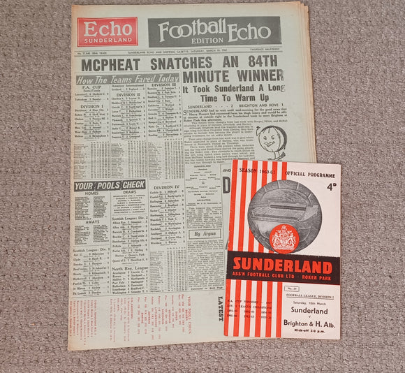 Sunderland v Brighton & HA Football Echo & Match Programme 1960/1