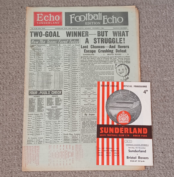 Sunderland v Bristol Rovers Football Echo & Match Programme 1960/1