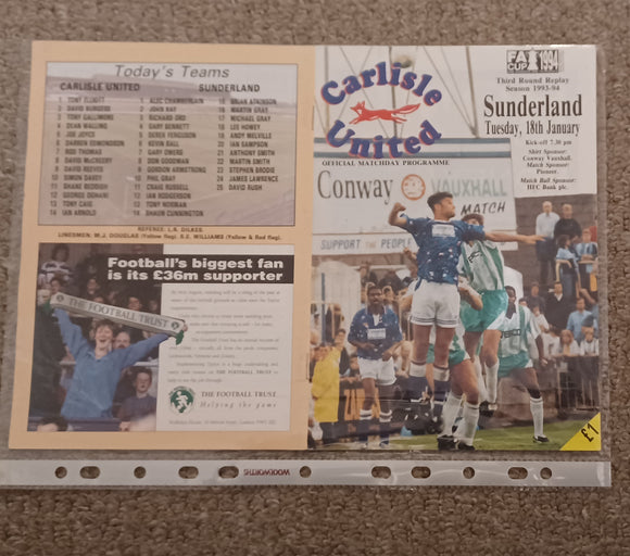 Carlisle Utd v Sunderland FA Cup 3rd Rd Replay 1993/4