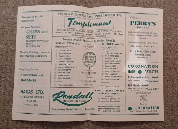 Yeovil Town v Sunderland 1973/4 Cec Irwin Testimonial