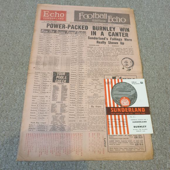 Sunderland v Burnley Football Echo & Match programme 1965/6
